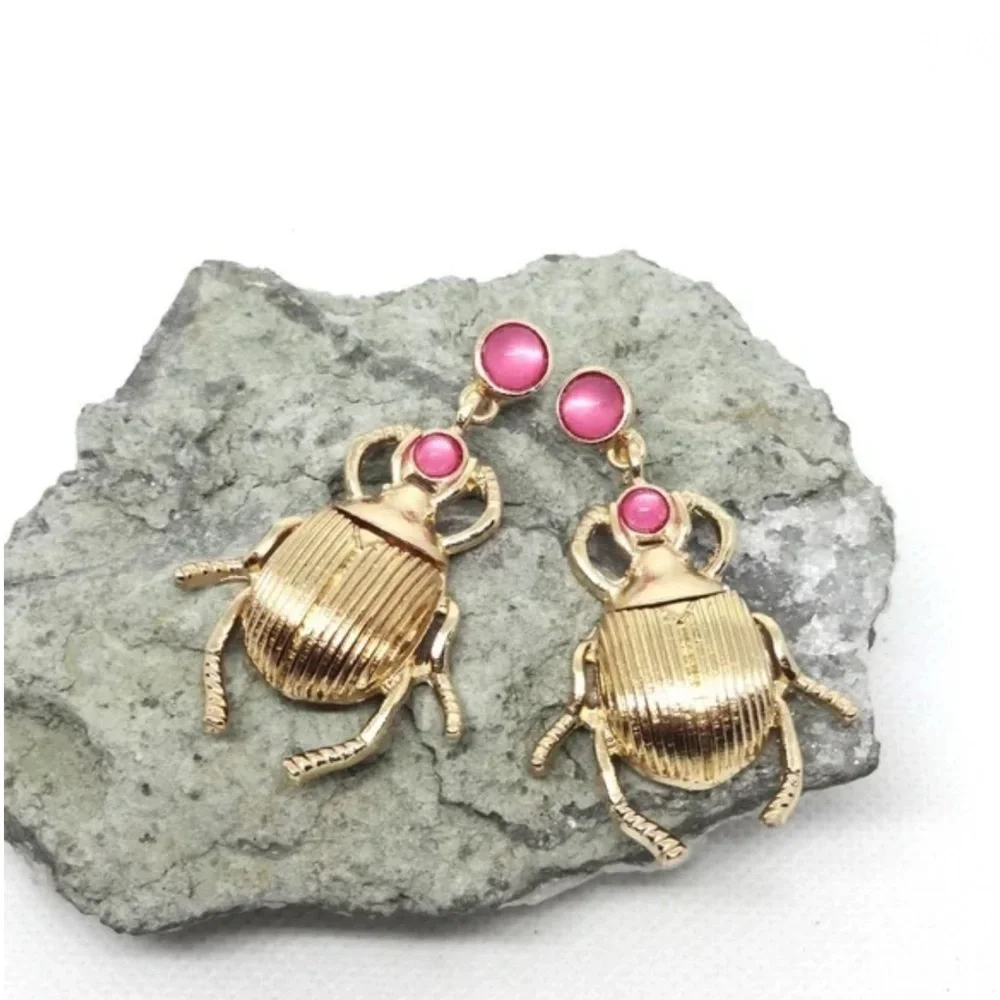2/$30🌵 Egyptian Scarab Beetle Earrings Insect Gold Pink Art Nouveau Bug NEW